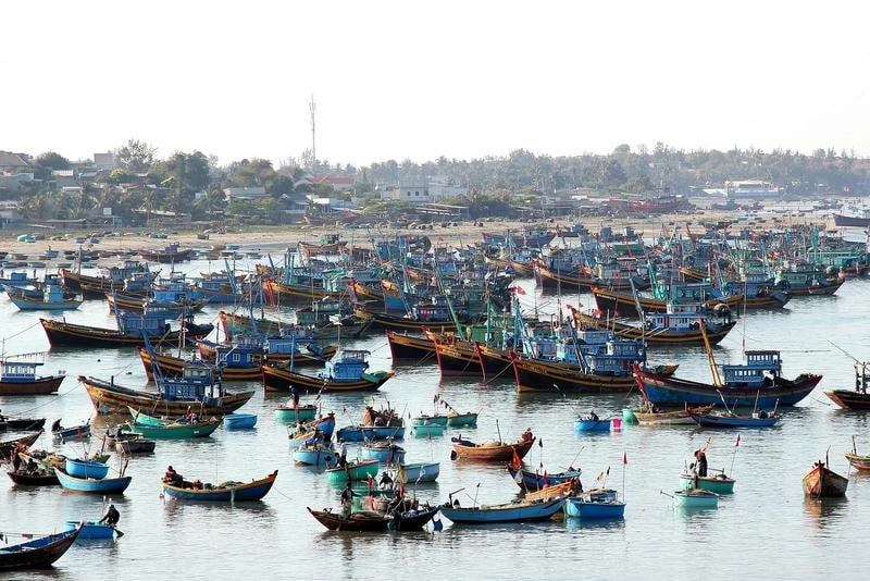 Cảnh làng chài Phan Thiết với thuyền bè đầy màu sắc