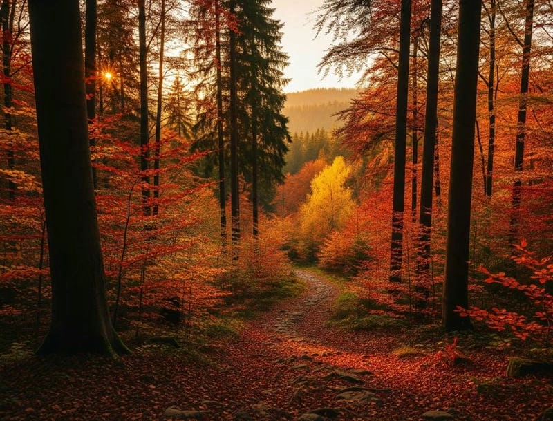 Hoàng hôn Freiburg lãng mạn bên những hàng cây lá đỏ