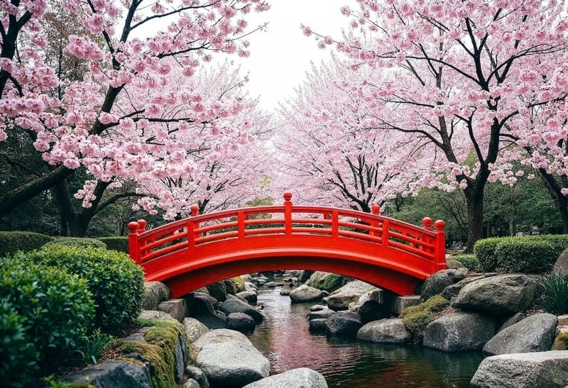 Sương mù hoa anh đào buổi sớm mai huyền ảo