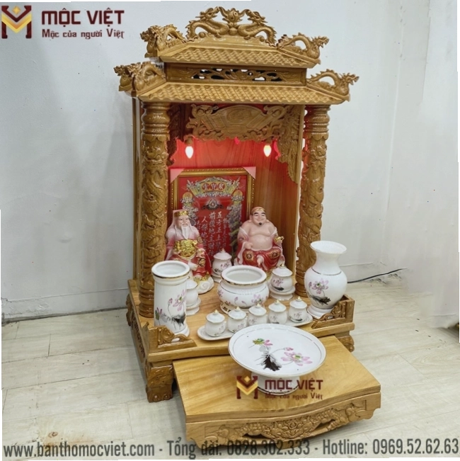 Bàn thờ Ông Địa Thần Tài gỗ gõ mái chùa chạm khắc tinh tế