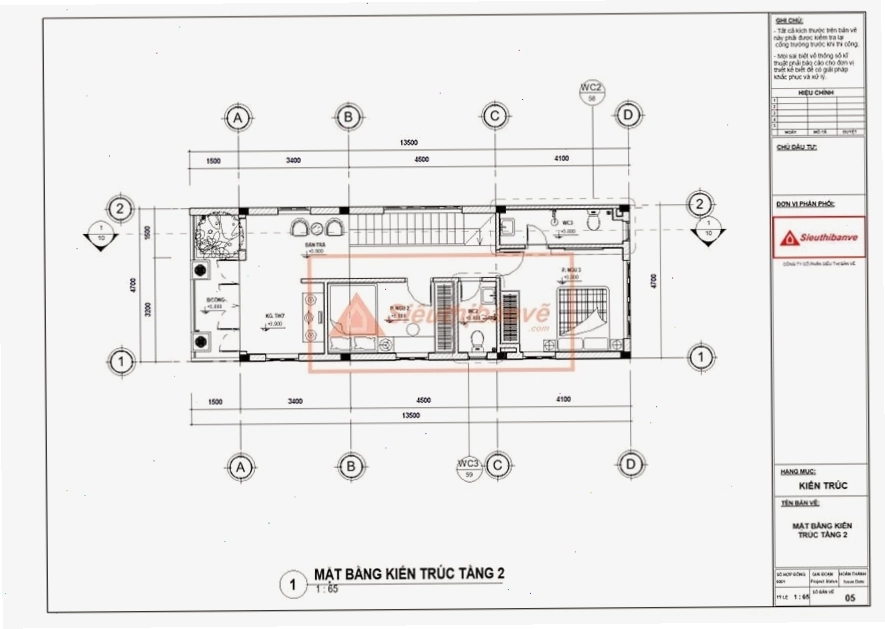 Bản vẽ công năng mặt bằng tầng 2 nhà 2 tầng 5x12m