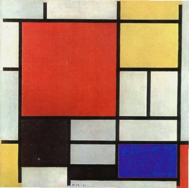 Bức họa năm 1921 của Piet Mondrian, tiêu biểu cho phong cách De Stijl với các hình khối chữ nhật và màu sắc cơ bản
