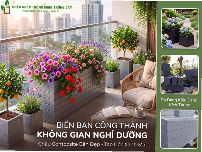 Chậu composite hiện đại đặt trong phòng khách sang trọng
