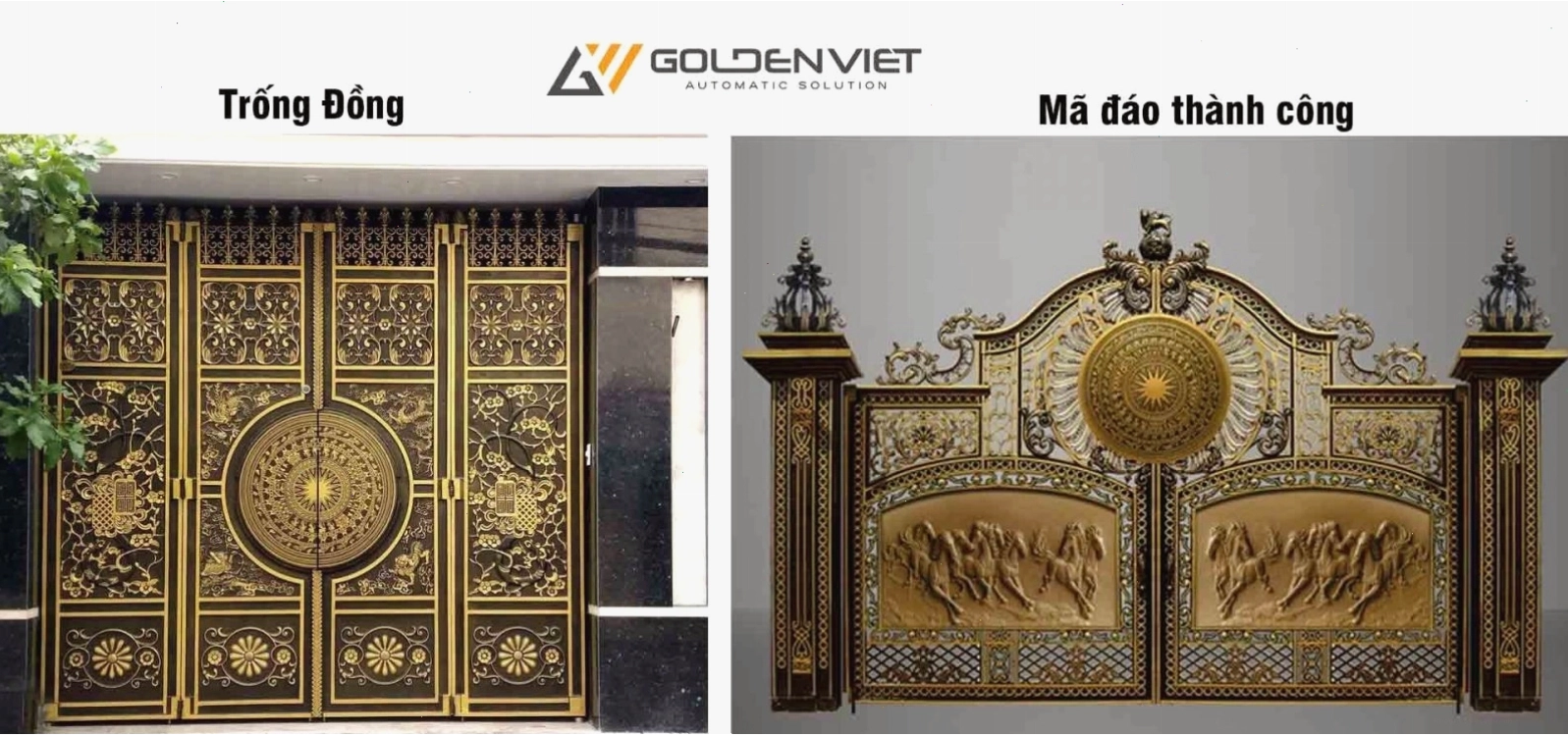 Cổng nhôm đúc với họa tiết trống đồng và mã đáo thành công