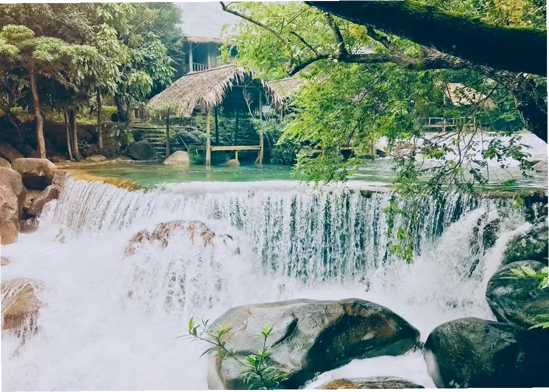Dòng suối trong xanh uốn lượn giữa khung cảnh thiên nhiên xanh mát tại Suối Lương