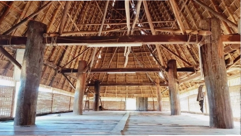 Góc nhìn từ xa về một ngôi làng có Nhà Rông