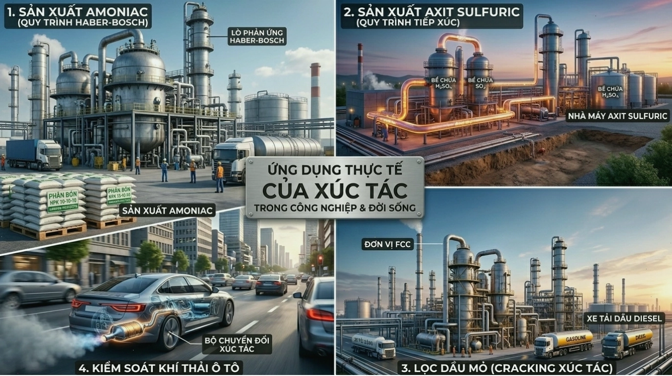 Hình ảnh minh họa các ứng dụng thực tiễn của chất xúc tác trong công nghiệp và đời sống