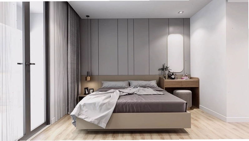 Hình ảnh thực tế đầu giường kê sát tường tạo cảm giác vững chãi và an toàn