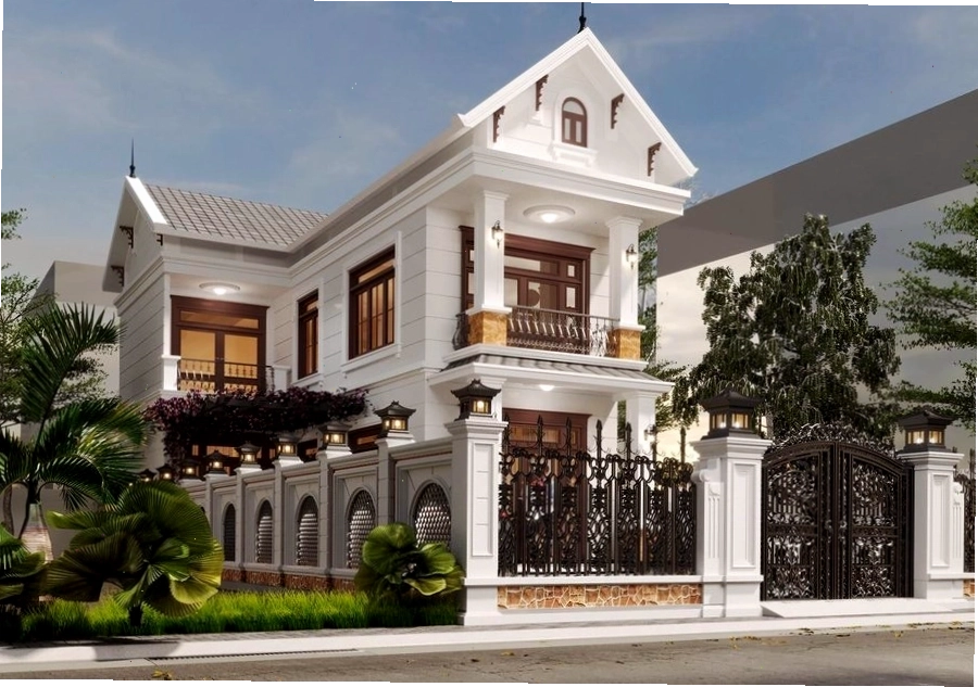 Không gian xanh mát bao quanh mẫu nhà chữ L 2 tầng