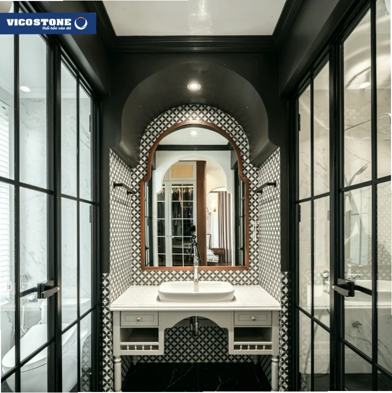 Khu vực lavabo với mặt bàn ốp đá VICOSTONE Misterio BQ8815 trắng tinh khôi