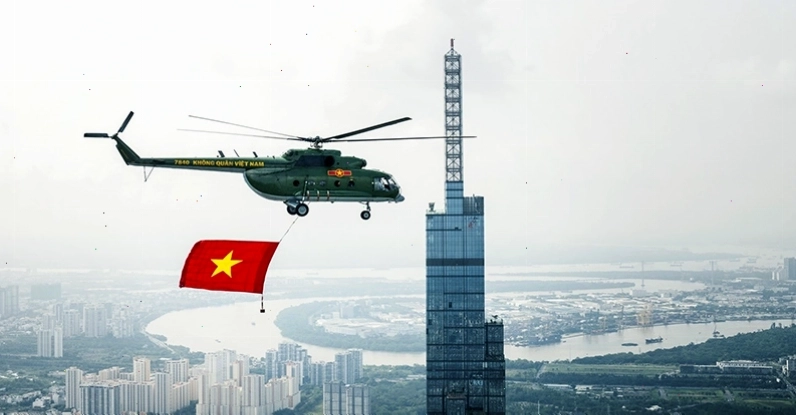 Lá cờ Việt Nam tung bay giữa lòng thành phố hiện đại