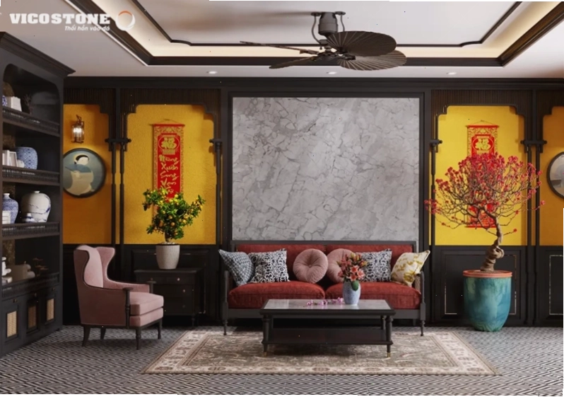 Mảng tường ốp đá Bahia BQ8883 nổi bật giữa không gian tạo điểm nhấn sang trọng cho phòng khách Indochine