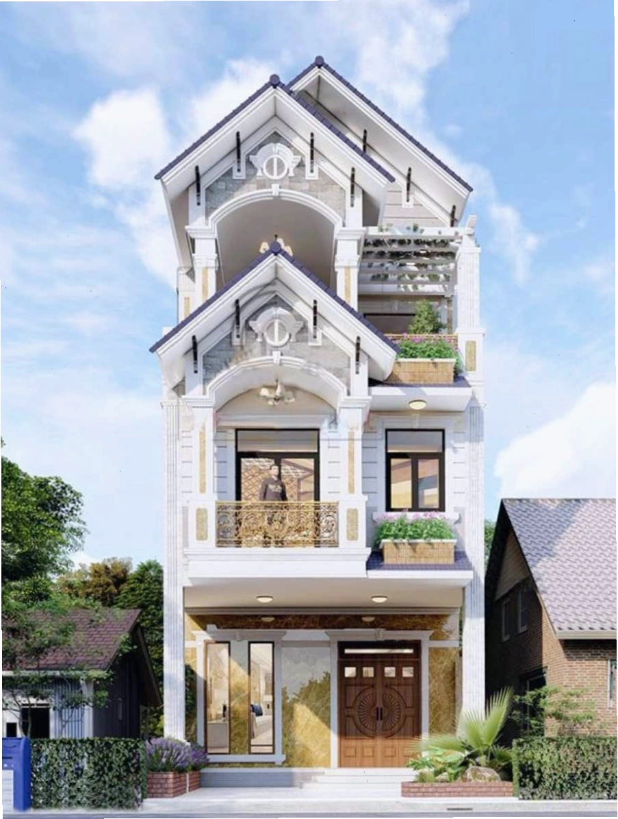 Mẫu nhà 3 tầng đẹp ở nông thôn mái Thái với hệ mái dốc ấn tượng