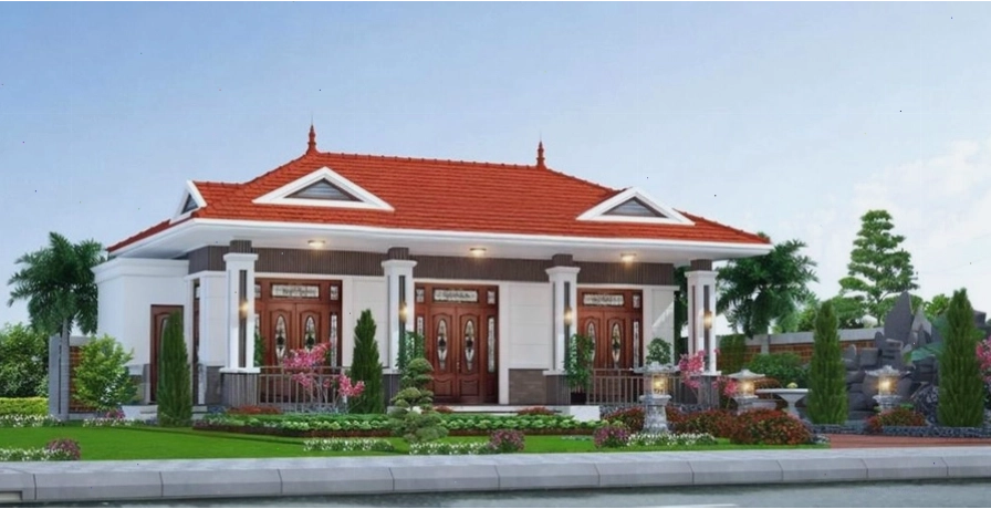 Mẫu nhà gỗ 3 gian hiện đại kết hợp sân vườn xanh mướt
