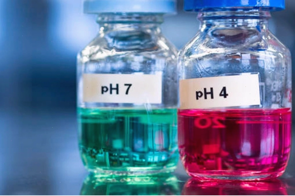 Minh họa hai dung dịch có độ pH khác nhau, một axit (pH=4) và một trung tính (pH=7)