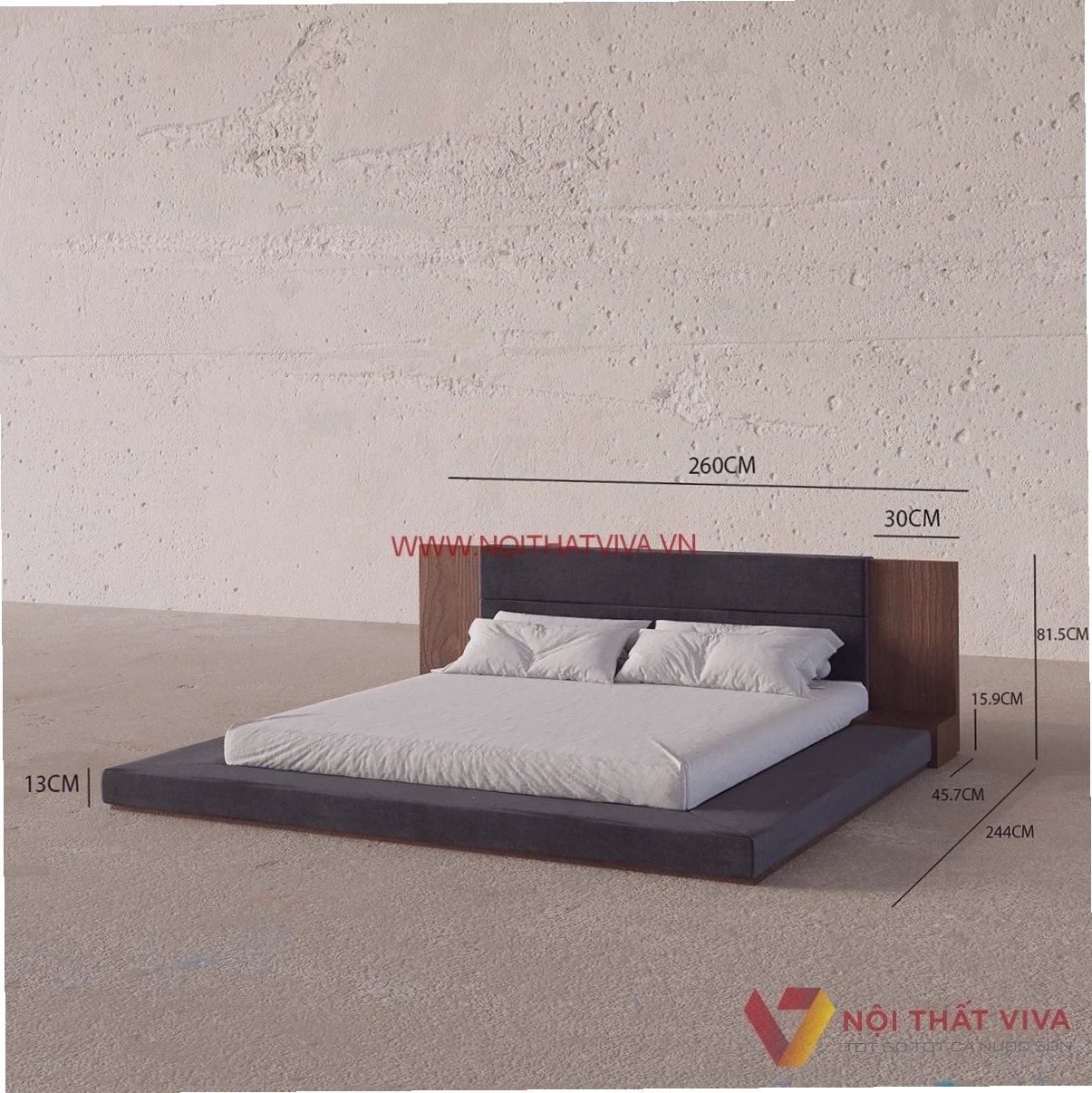 Minh họa kích thước giường kiểu Nhật gỗ tự nhiên đơn giản