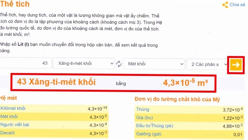 Nhấn chọn dấu mũi tên để chuyển đổi và xem kết quả