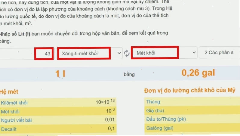 Nhập số lượng muốn chuyển đổi cm3