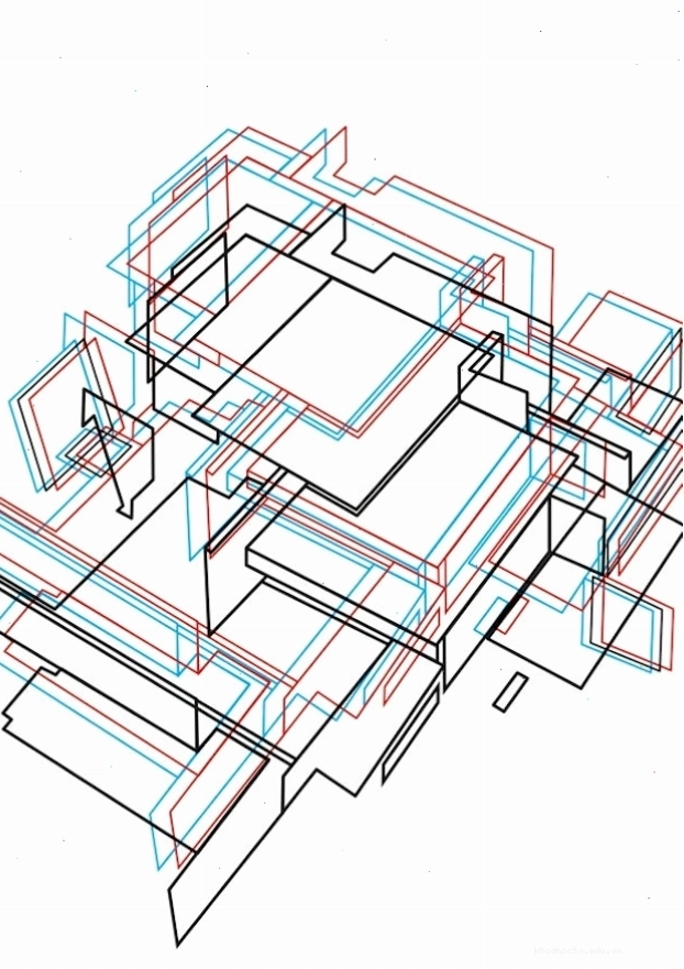 Nội thất theo phong cách De Stijl với ghế màu đỏ và bàn màu xanh làm điểm nhấn