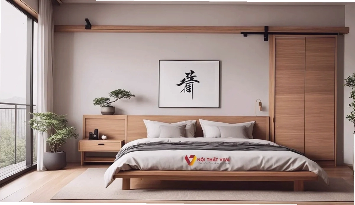 Phòng ngủ gọn gàng với giường bệt Nhật tông màu trung tính