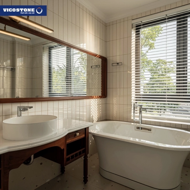 Phòng tắm tràn ngập ánh sáng tự nhiên với bồn tắm độc lập và mặt bàn lavabo ốp đá VICOSTONE