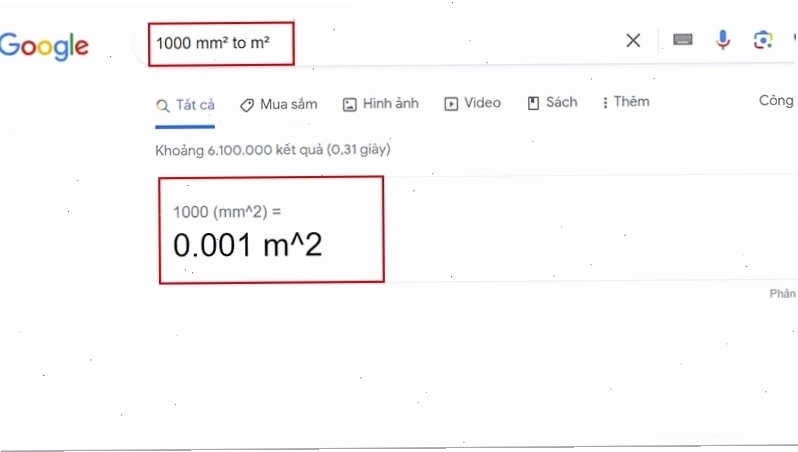 Quy đổi mm2 sang m2 bằng Google
