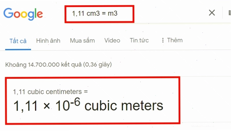 Sử dụng Google để quy đổi đơn vị cm3 sang m3