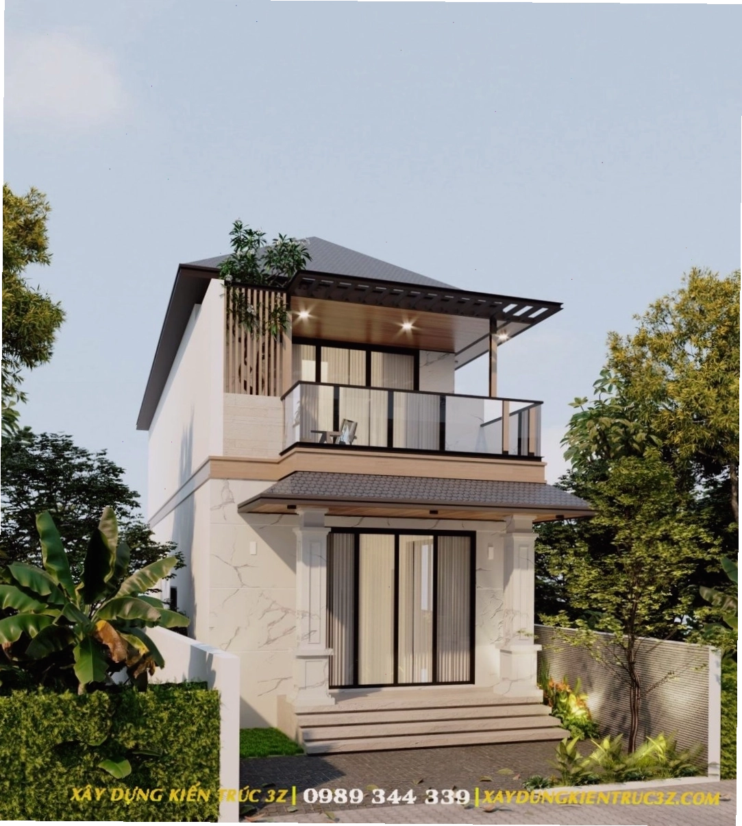 Thiết kế mặt tiền nhà ống 1 trệt 1 lầu đẹp với gam màu trắng chủ đạo
