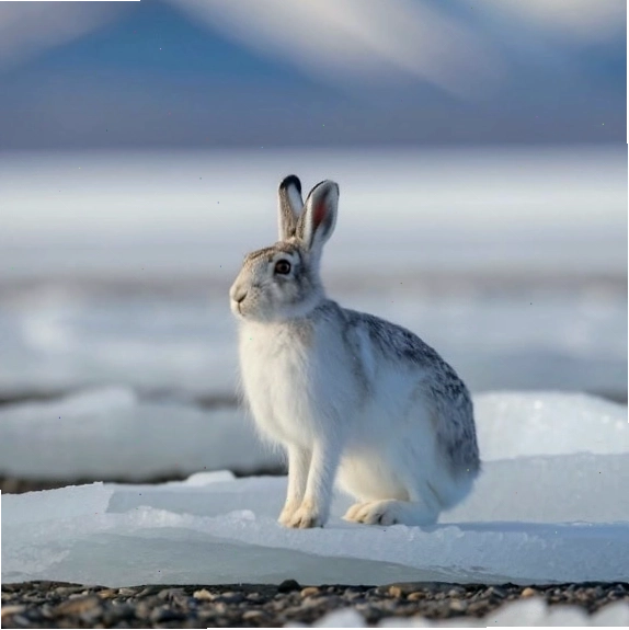Thỏ lãnh nguyên hoặc thỏ Alaska, một loài gặm nhấm đứng trên băng