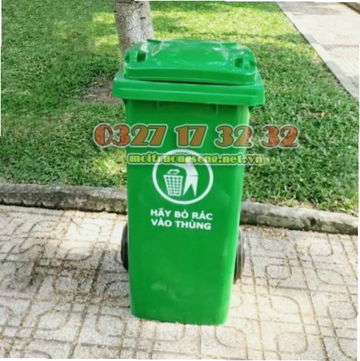 Thùng rác 120 lít nhựa HDPE hai bánh màu xanh, nắp kín