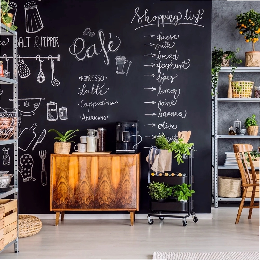 Modern kitchen with plants and chalkboard shopping list